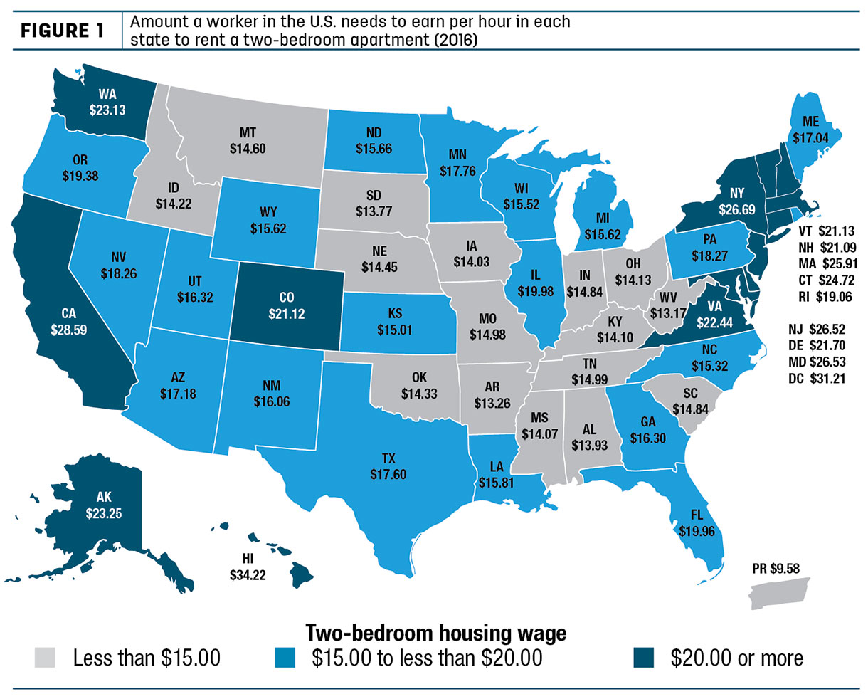 Amount a worker in the U.S. needs to earn per hour in each state to rent a two-bedroom apt.