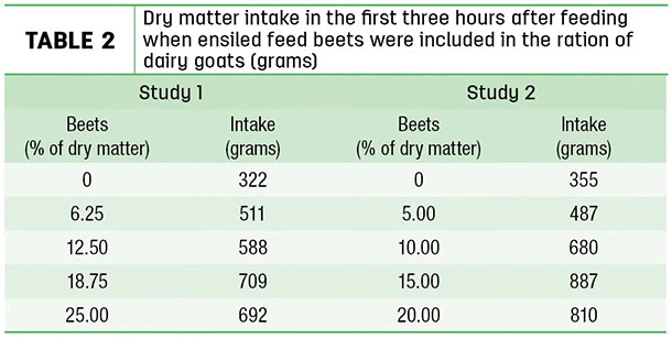 Dry matter intake in the first three hours after feeding when ensiled feed beets were included in the ration of dairy goats (grams)