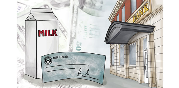 Illustration of a milk carton, check and bank