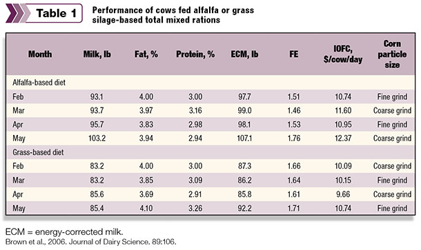 Performance of cows fed alfalfa or grass silage-based total mixed rations