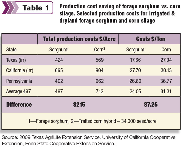 Production cost saving of forage sorghum vs. corn silage