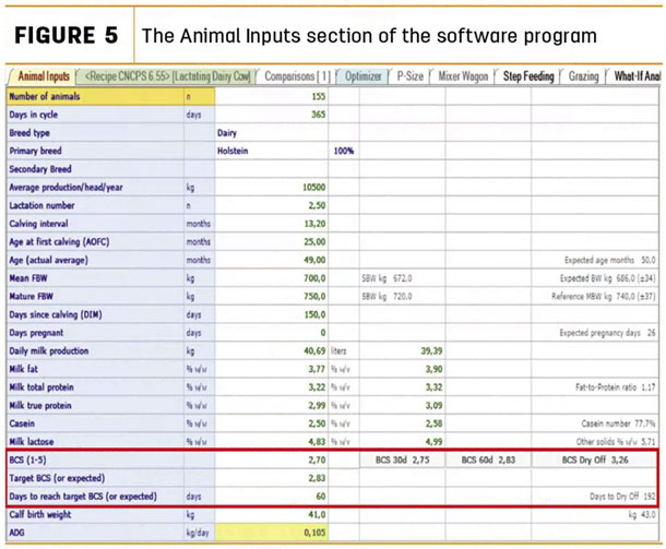 The Animal inputs section of the software program