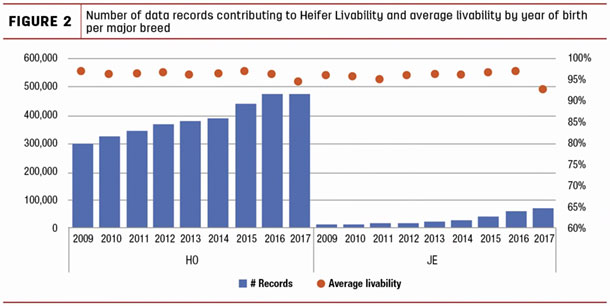 Number of data records contributing to Heifer Livability and average livability by year of birth