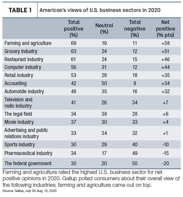 American's views of U.S. business sectors in 2020