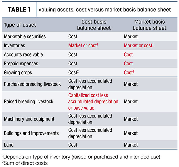 Valuing assets, cost versus market basis balance sheet