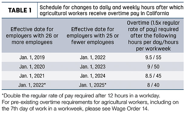 Schedule for changes to daily and weekly hours after which agricultural worker receive overtime pay